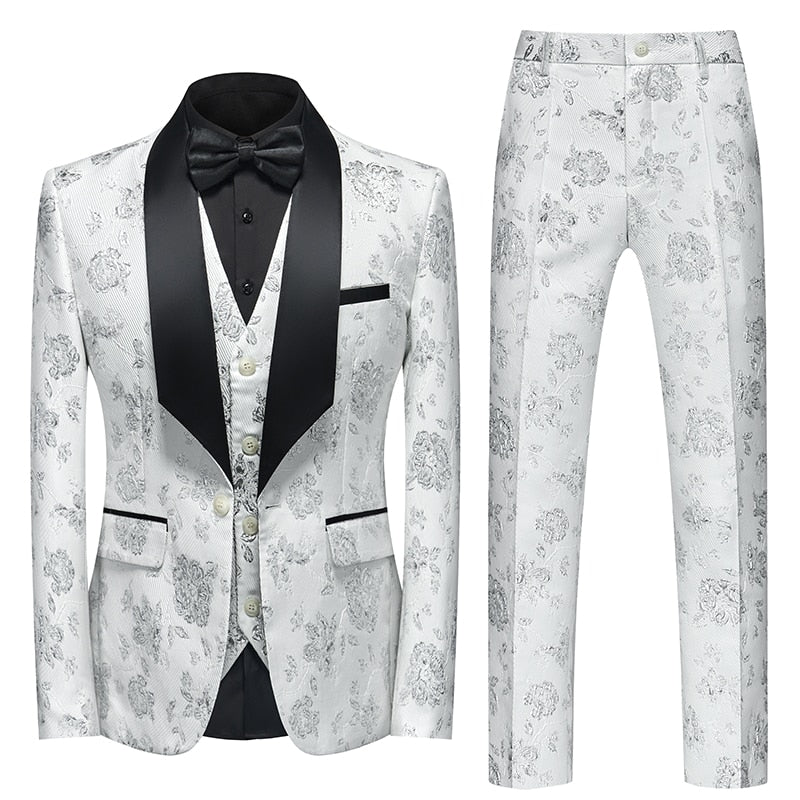 Blue Floral Pattern Suits Set-Tuxedos-Top Super Deals-3 Pcs Set white 1-Asian 3XL is Eur XL-Free Item Online