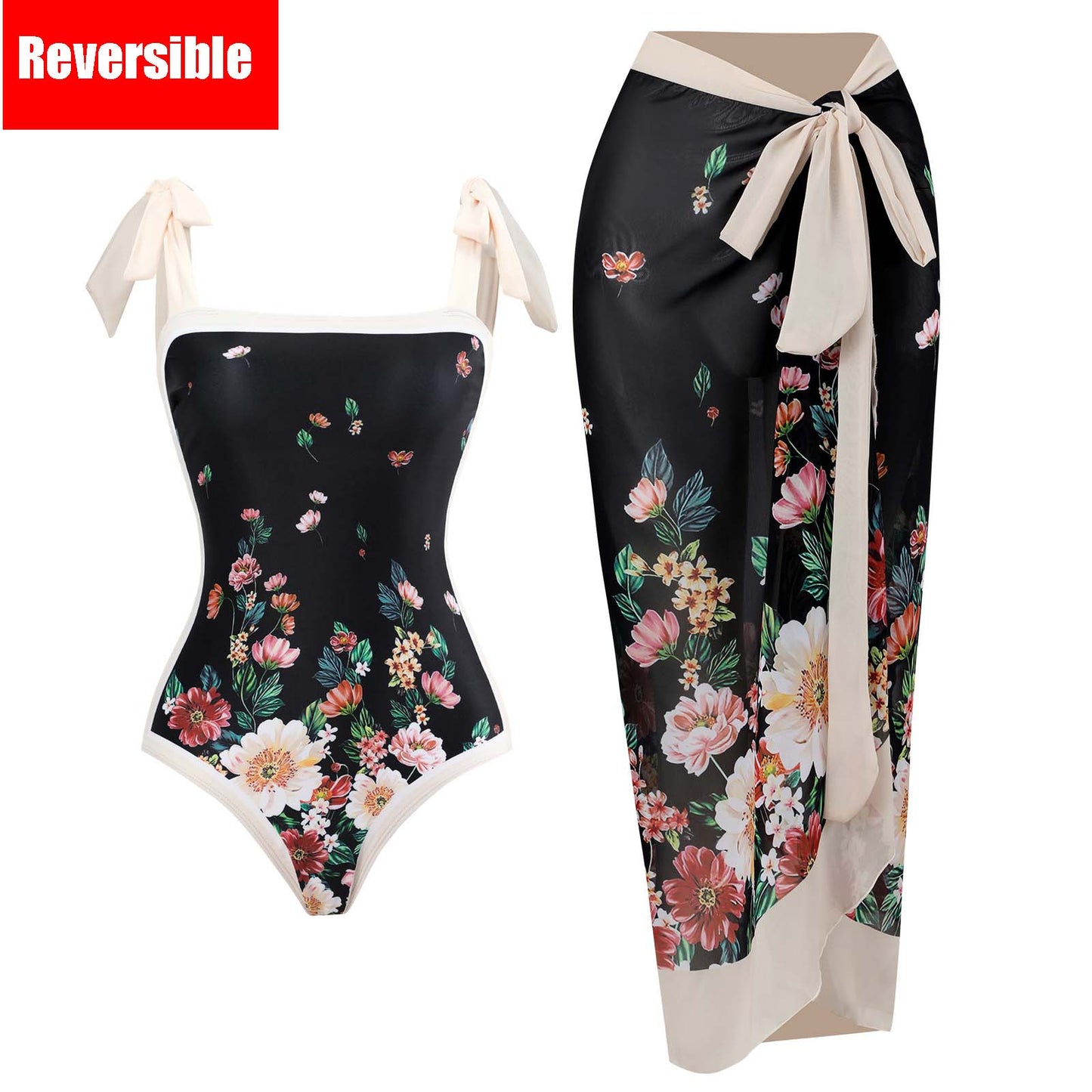 Bowknot One Piece Swimsuit Women Swimwear Skirt Cover Up Brazilian Bikini New Floral Print Beach Bathing Suit Set