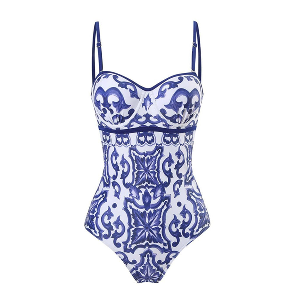 Bowknot One Piece Swimsuit Women Swimwear Skirt Cover Up Brazilian Bikini New Floral Print Beach Bathing Suit Set