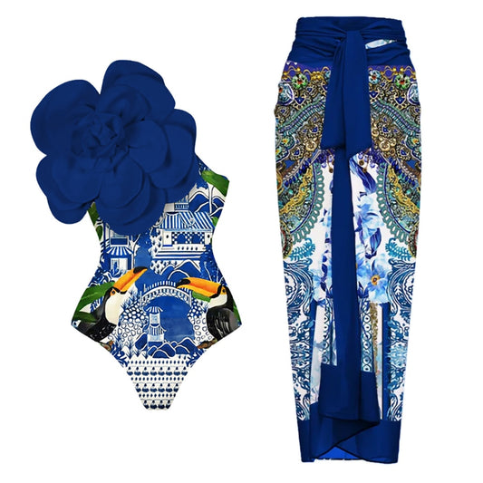 Blue Fashion Printed One-Piece Swimsuit Single Shoulder