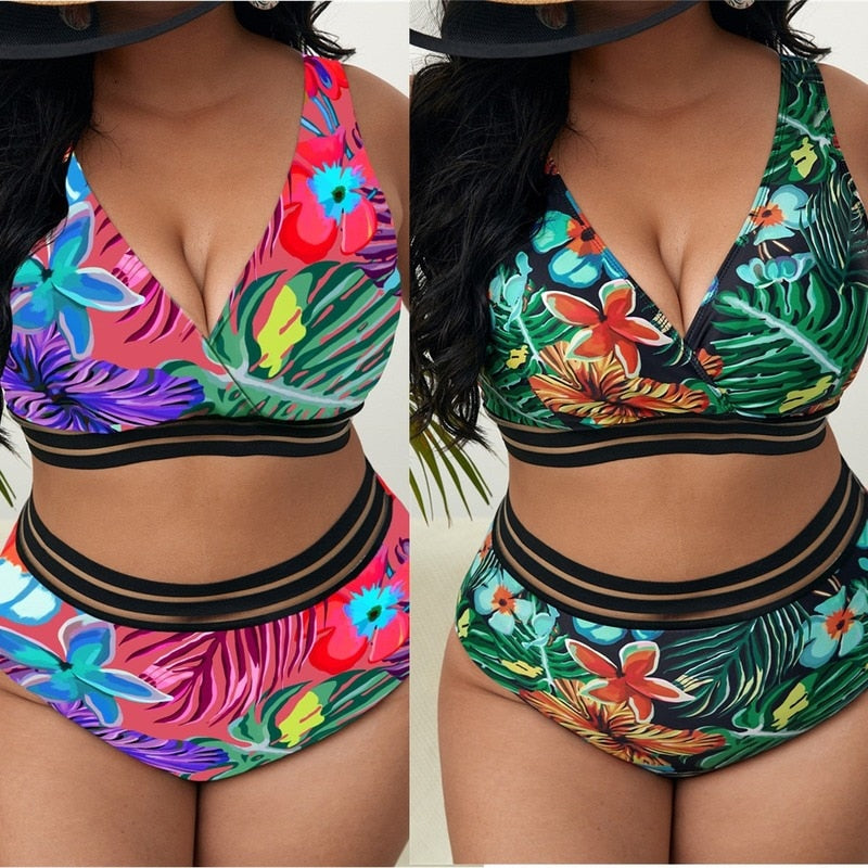 Plus Size High Waist Two Pieces Bikini Set Swimsuit Women Beachwear Swimwear Bathing Suit