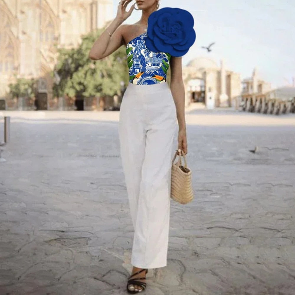 Blue Fashion Printed One-Piece Swimsuit Single Shoulder