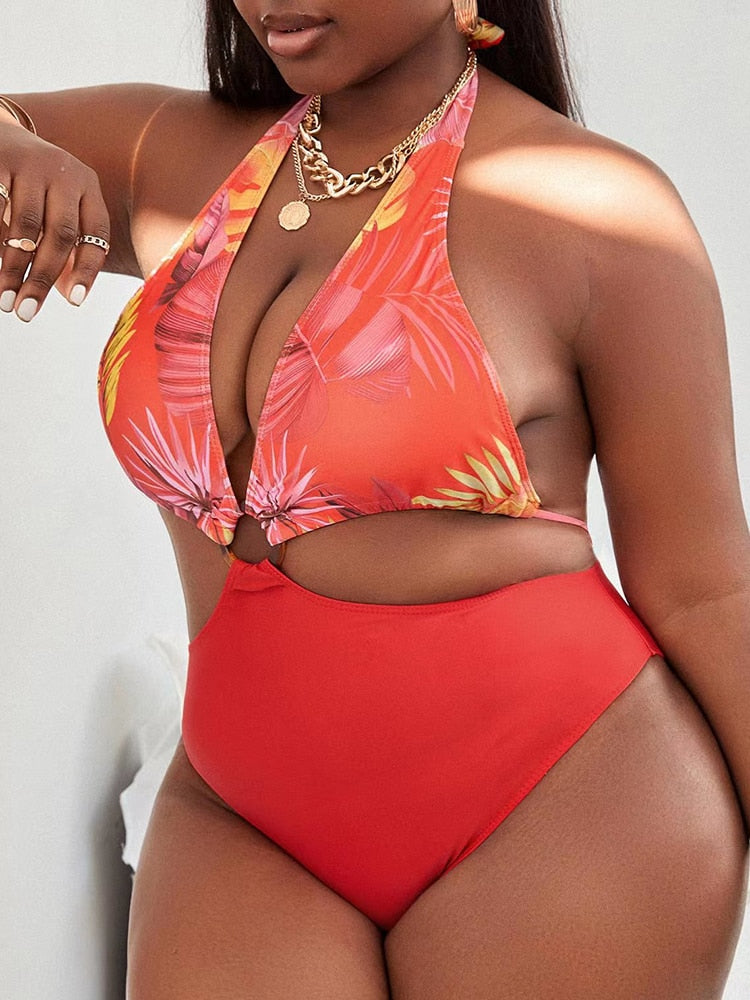 Halter Plus Size V Neck Push Up Bikini Swimsuits Bathing Suit With Mesh Sarong Skirt Swim dress