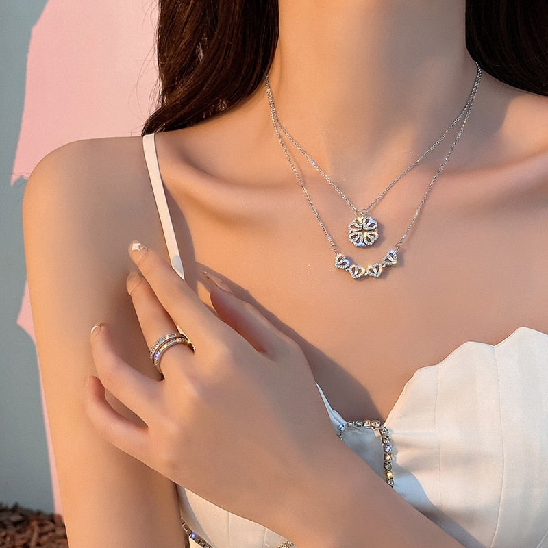 4 crystal heart flower pendant stainless steel necklace gold silver chain