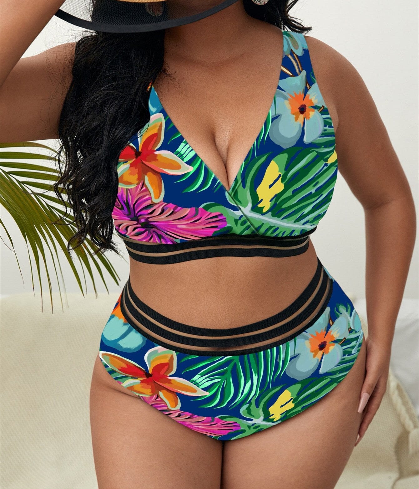 Plus Size Swimsuits 2 Pieces Set Women High Waist Push Up Bikini Sets Flower Print Bathing Suits