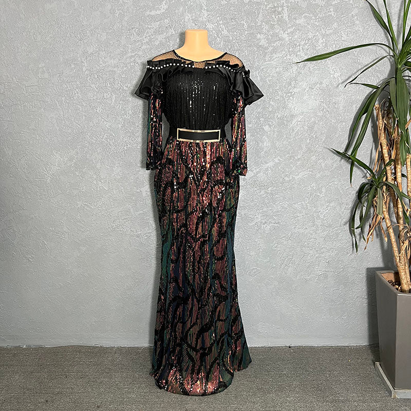 Elegant Glittering Evening Dress Sparkle Sequin Sexy Sheath Maxi Party Gowns Come With Belt
