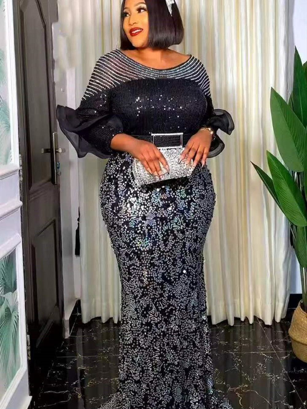 Plus Size Party Long Dresses Sequin Evening Gowns