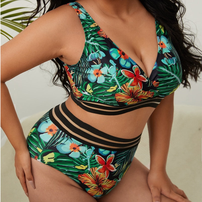 Plus Size High Waist Two Pieces Bikini Set Swimsuit Women Beachwear Swimwear Bathing Suit