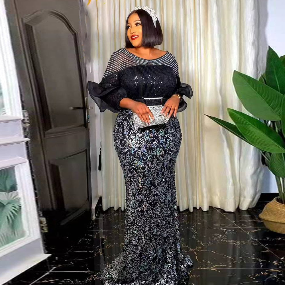 Plus Size Party Long Dresses Sequin Evening Gowns