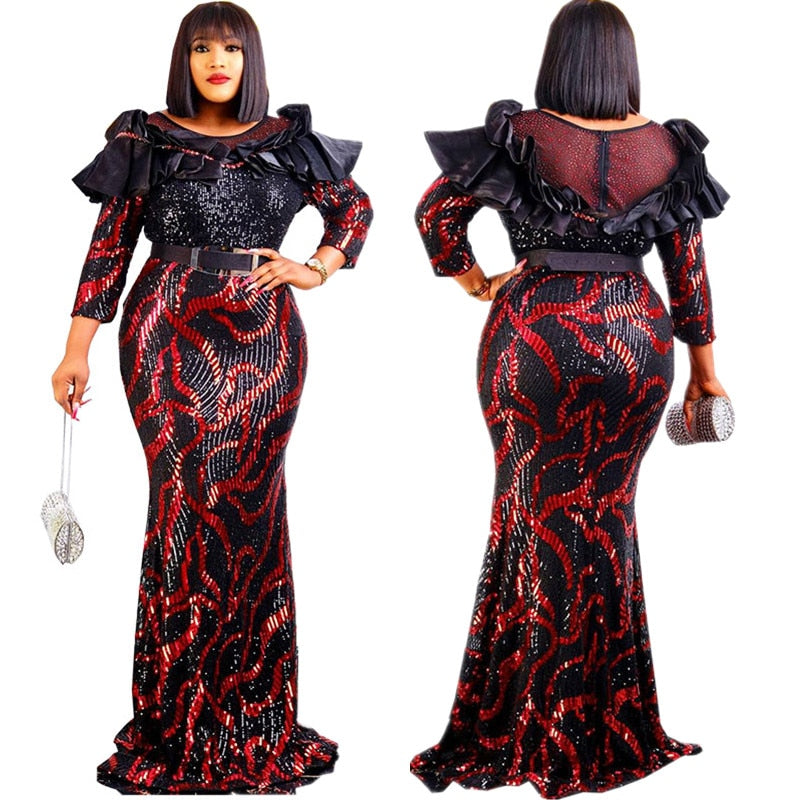 Elegant Glittering Evening Dress Sparkle Sequin Sexy Sheath Maxi Party Gowns Come With Belt