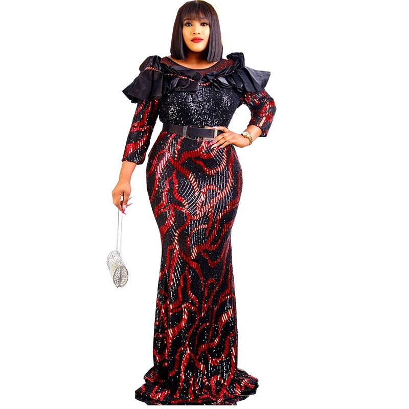 Elegant Glittering Evening Dress Sparkle Sequin Sexy Sheath Maxi Party Gowns Come With Belt