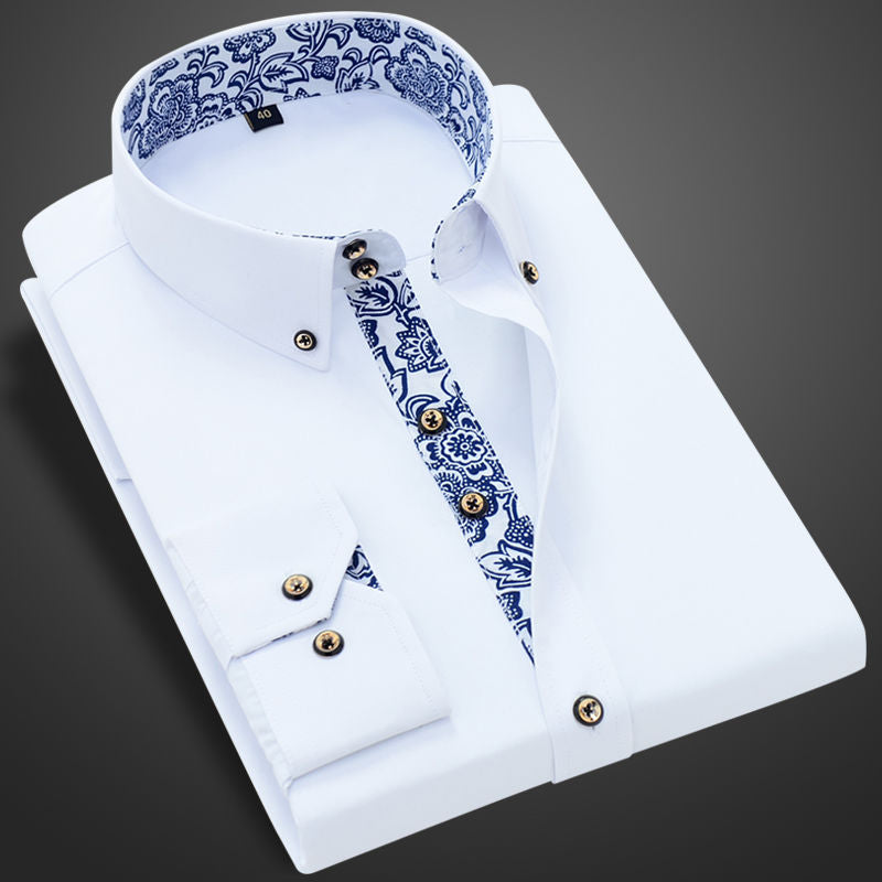 Blue-and-white Porcelain Collar Shirt Men Long Sleeve SlimFit Casual Business Dress Shirts Solid Color White Shirt Cotton