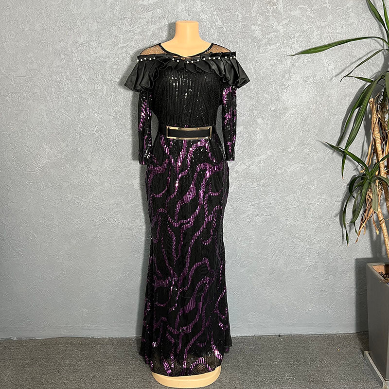 Elegant Glittering Evening Dress Sparkle Sequin Sexy Sheath Maxi Party Gowns Come With Belt