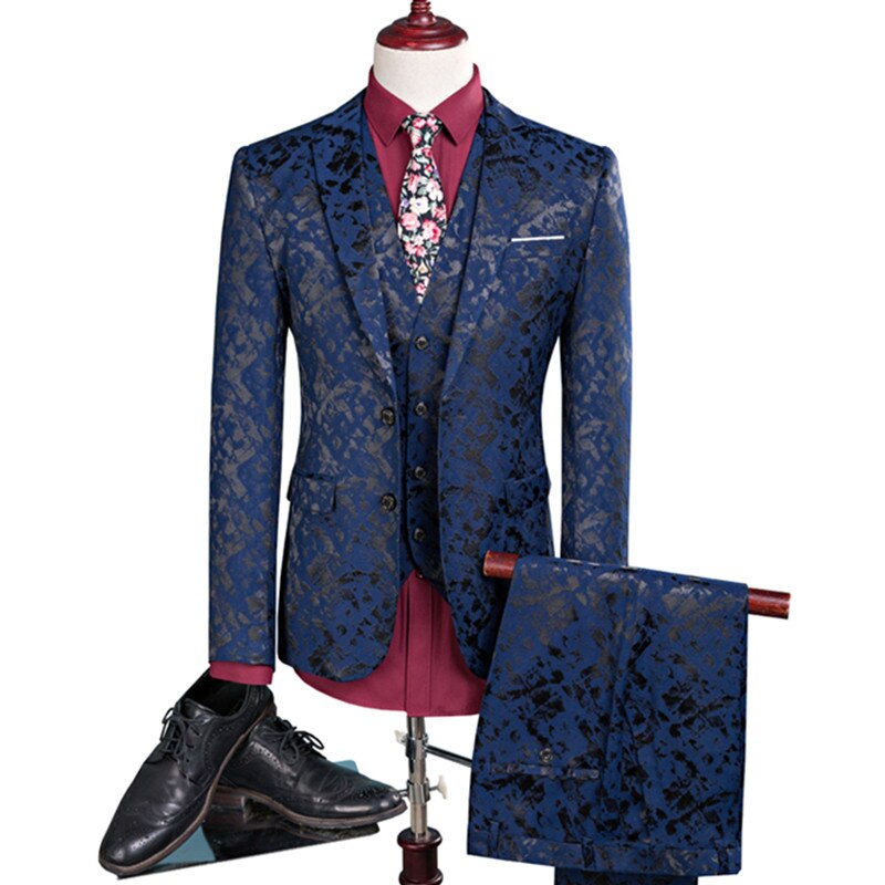 Men Suit Business Leisure Single Breasted Suits 3 Pieces Sets Male Printing Groom Wedding Dress Jacket Blazers Coat Vest Pants