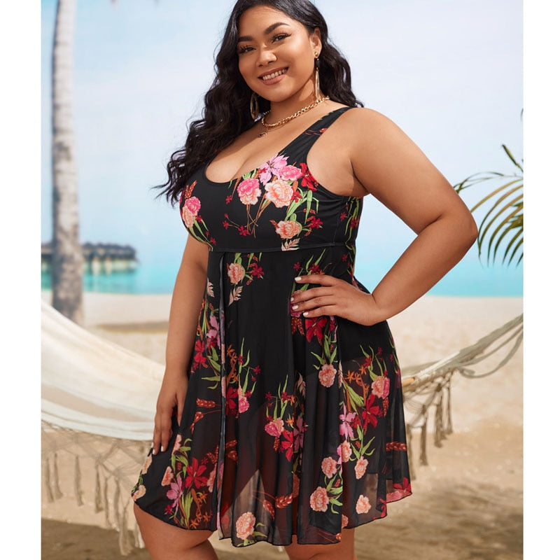Women's modest swim dresses Flower Printing Plus-Size Swimsuit One Piece Swimwear Bathing Suits