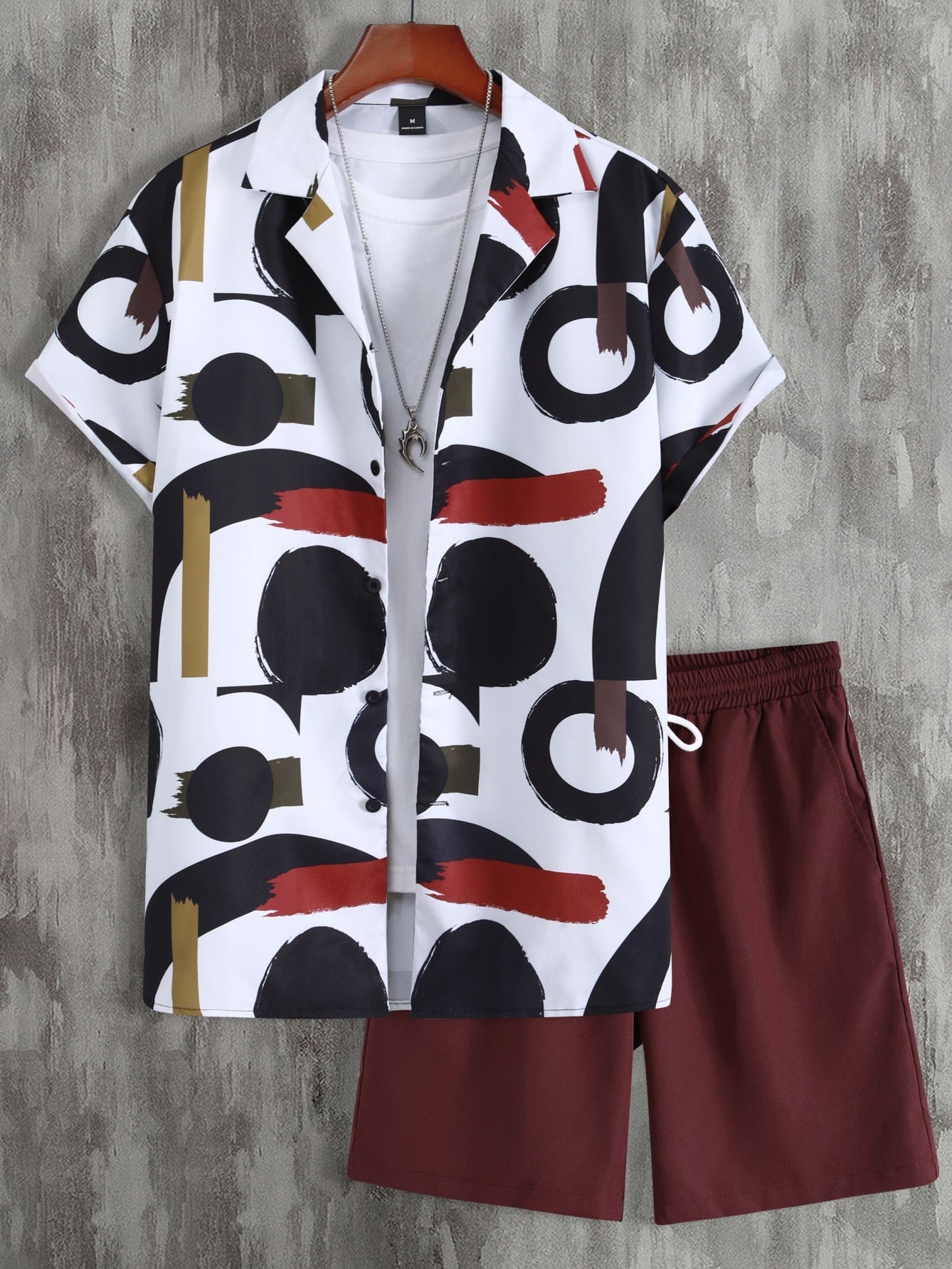 Men Random Circle and Brush Print Shirt & Drawstring Waist Shorts Without Tee