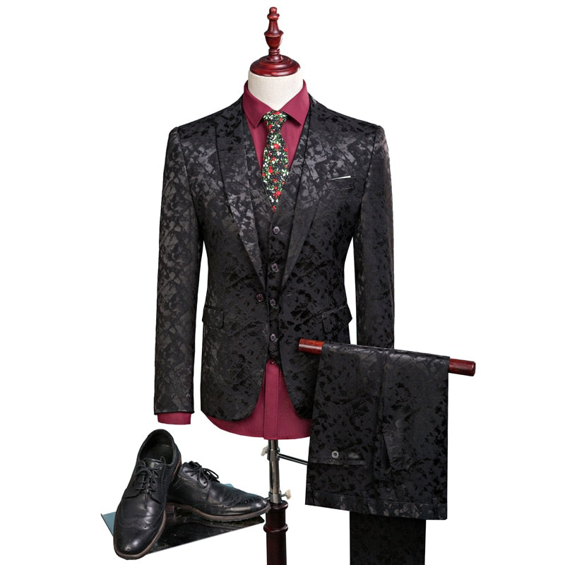 Men Suit Business Leisure Single Breasted Suits 3 Pieces Sets Male Printing Groom Wedding Dress Jacket Blazers Coat Vest Pants