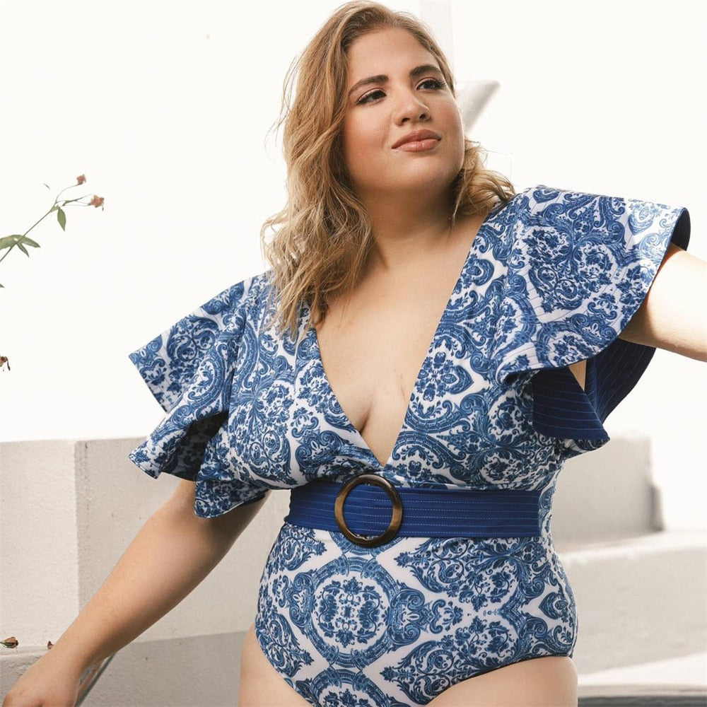 Blue Swimsuit Monokini Plus Size Bikini Women High Waist Printed Wide Shoulder Straps Ruffle Swimwear