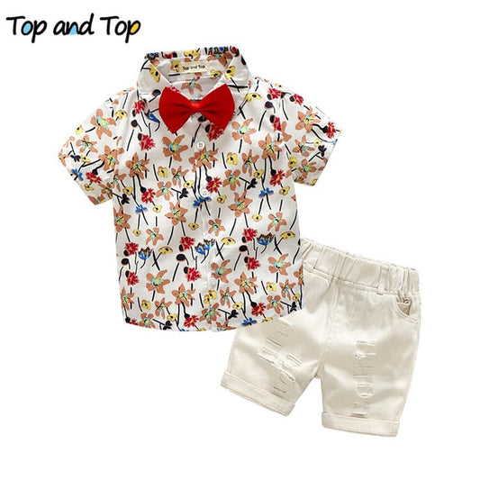 Top and Top boys clothing sets summer gentleman suits short sleeve shirt + shorts 2pcs kids clothes children clothing set