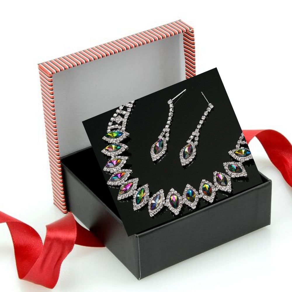 Silver  Necklace Earring Rhinestone Crystals Jewelry Set