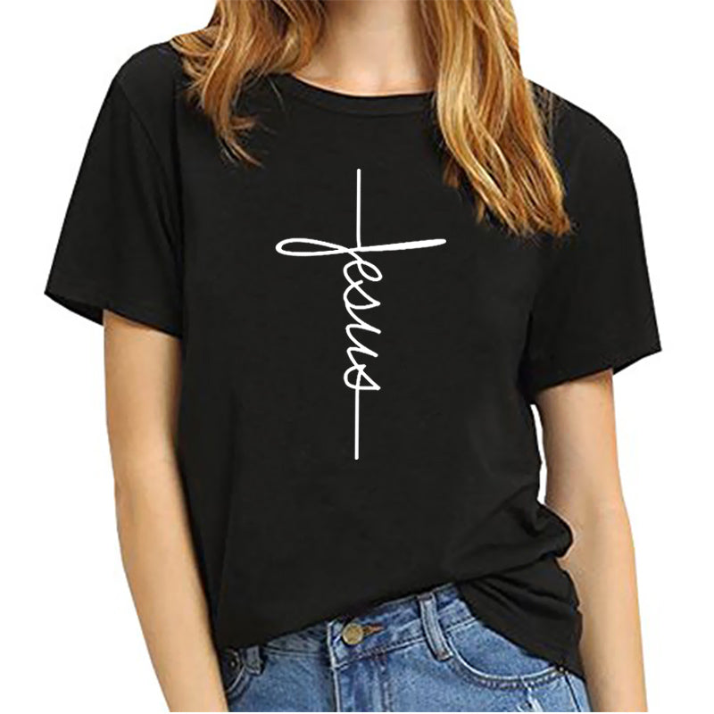 Bennie Fashion Jesus T-shirt Christian Cross Printing Women Tops-women tops-Free Item Online-Free Item Online
