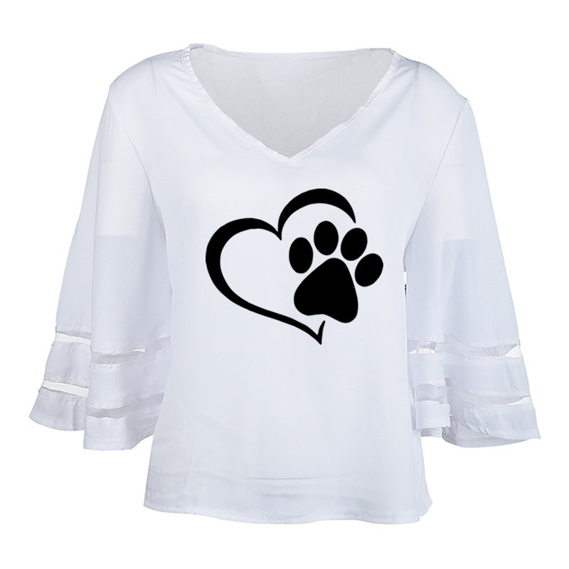 Travis Designs New Fashion Dog Paw Print Women Sexy V-neck Hollow Tops Half Sleeve T Shirts-women paw print top-Free Item Online