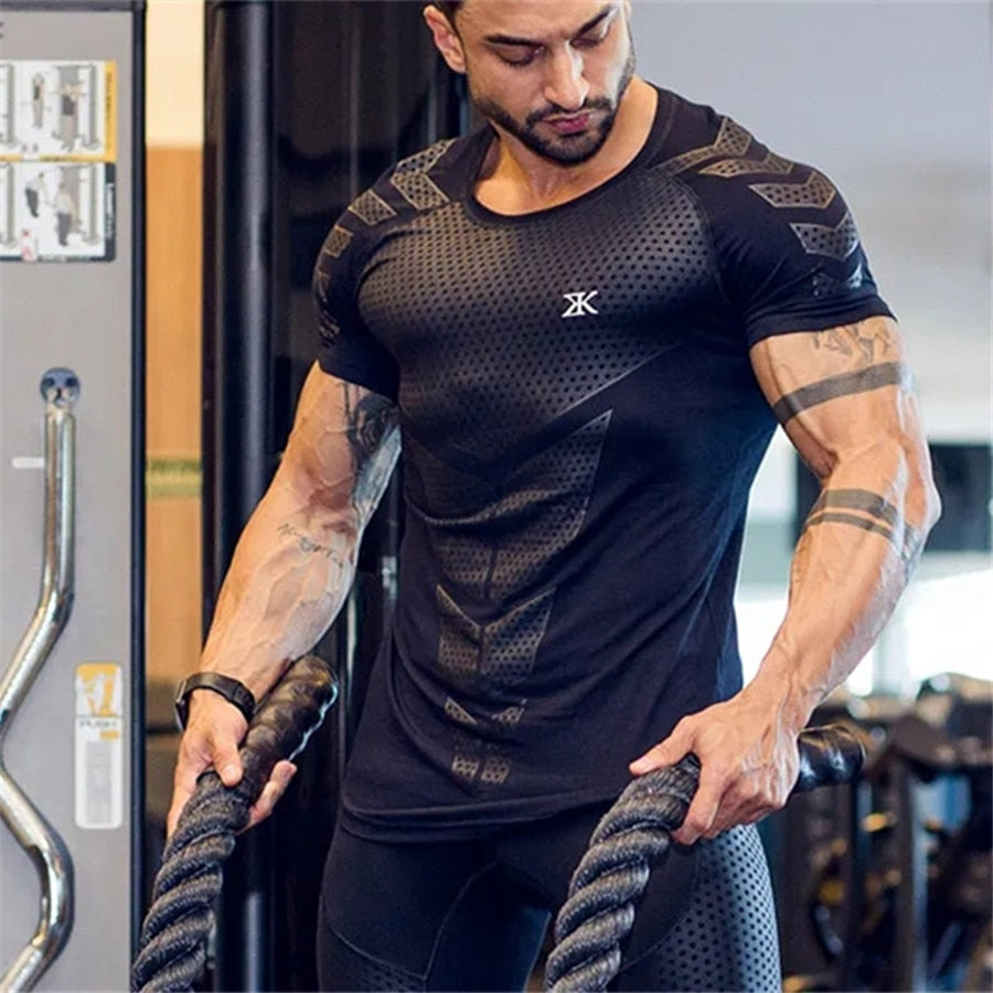 Ryan Design Compression Men Tee Shirt Gym Fitness Bodybuilding Workout Black Tops-work out top-Free Item Online