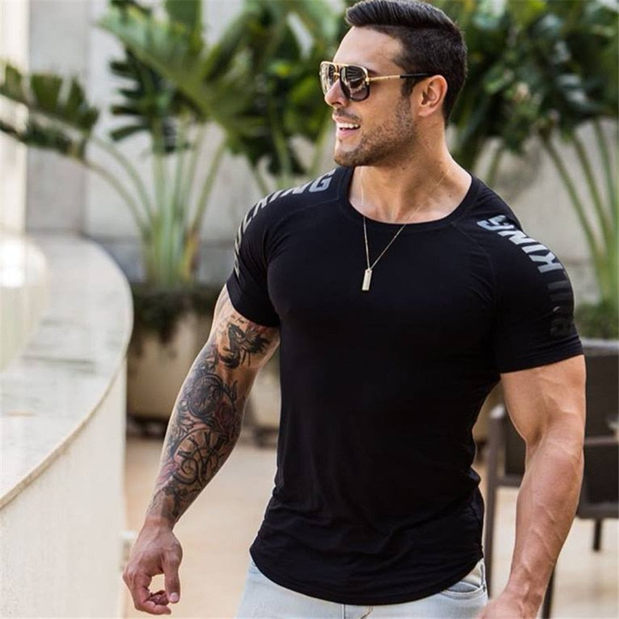 Ryan Design Compression Men Tee Shirt Gym Fitness Bodybuilding Workout Black Tops-work out top-Free Item Online