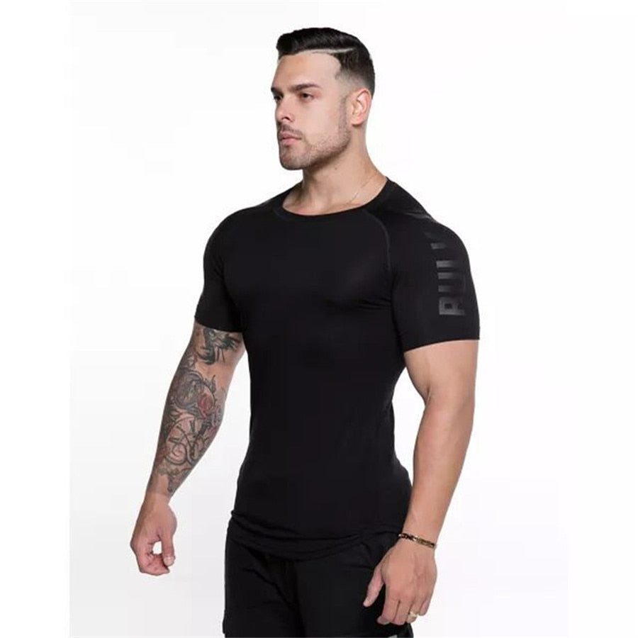Ryan Design Compression Men Tee Shirt Gym Fitness Bodybuilding Workout Black Tops-work out top-Free Item Online