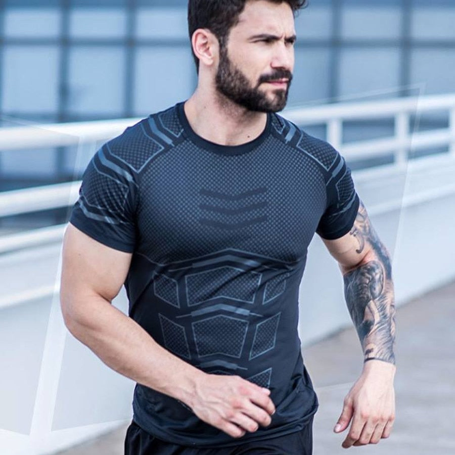 Ryan Design Compression Men Tee Shirt Gym Fitness Bodybuilding Workout Black Tops-work out top-Free Item Online