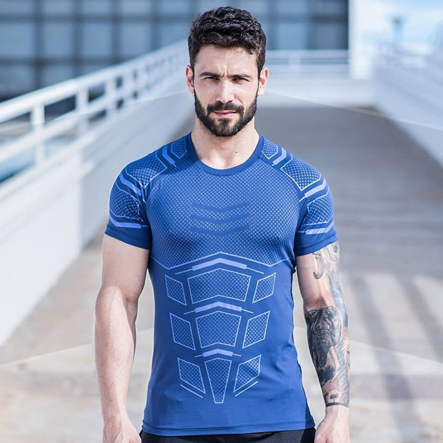 Ryan Design Compression Men Tee Shirt Gym Fitness Bodybuilding Workout Black Tops-work out top-Free Item Online