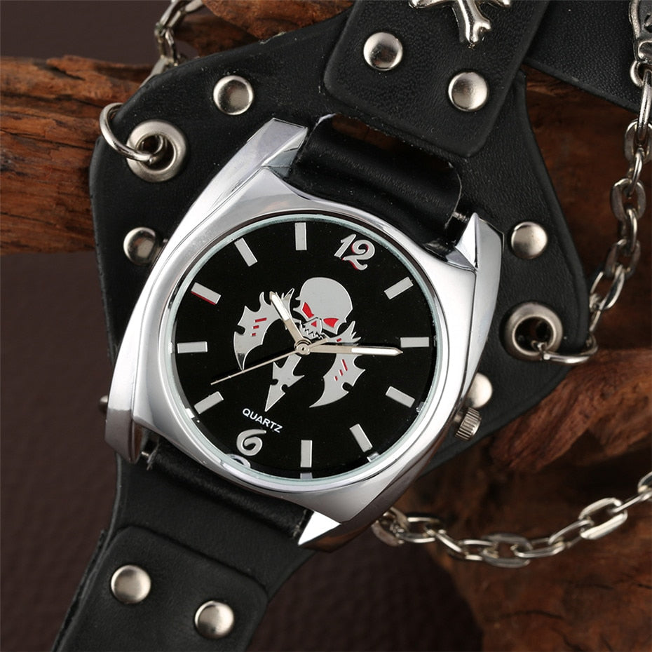Gailis Punk Unisex Wrist Watch Black Leather Chains 3 Strap Quartz Gothic Skull Timepiece-Free Item Online