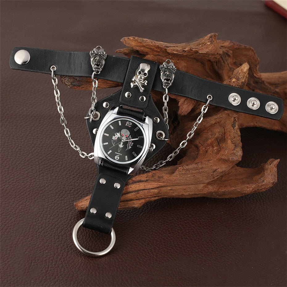 Gailis Punk Unisex Wrist Watch Black Leather Chains 3 Strap Quartz Gothic Skull Timepiece-Free Item Online