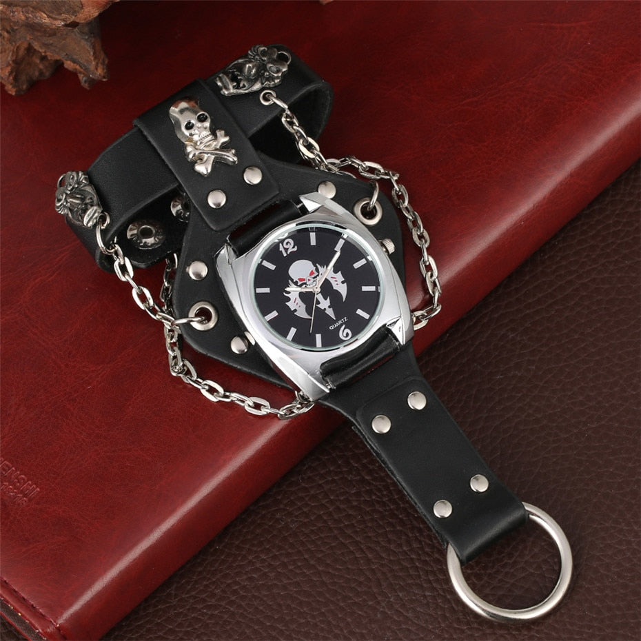 Gailis Punk Unisex Wrist Watch Black Leather Chains 3 Strap Quartz Gothic Skull Timepiece-Free Item Online