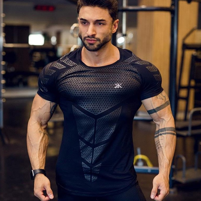 Ryan Design Compression Men Tee Shirt Gym Fitness Bodybuilding Workout Black Tops-work out top-Free Item Online
