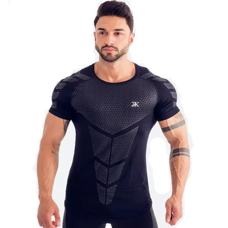 Ryan Design Compression Men Tee Shirt Gym Fitness Bodybuilding Workout Black Tops-work out top-Free Item Online