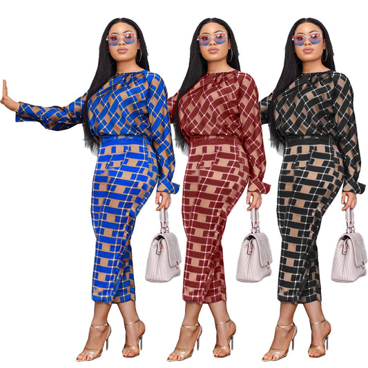 Lauren Plaid Pant and Top Set women's autumn new fashion long-sleeved loose blouse two-piece-two piece pant and top set-Free Item Online