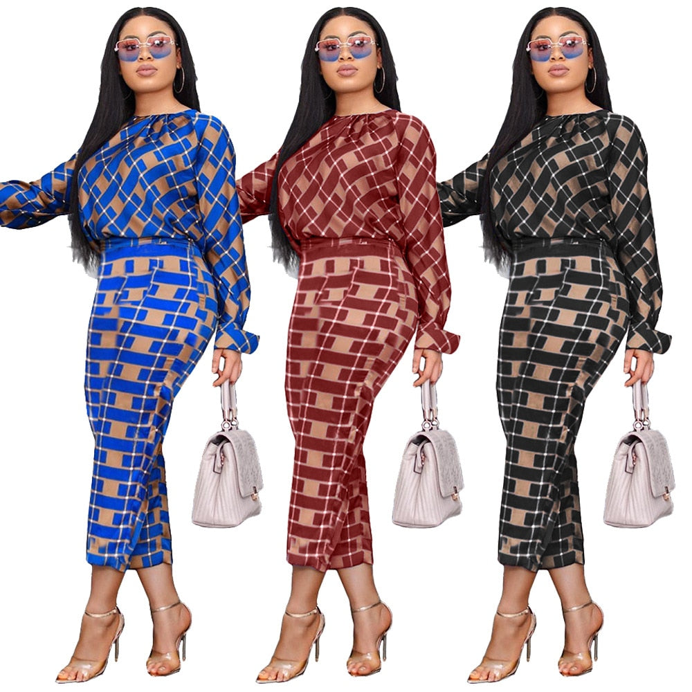 Lauren Plaid Pant and Top Set women's autumn new fashion long-sleeved loose blouse two-piece-two piece pant and top set-Free Item Online