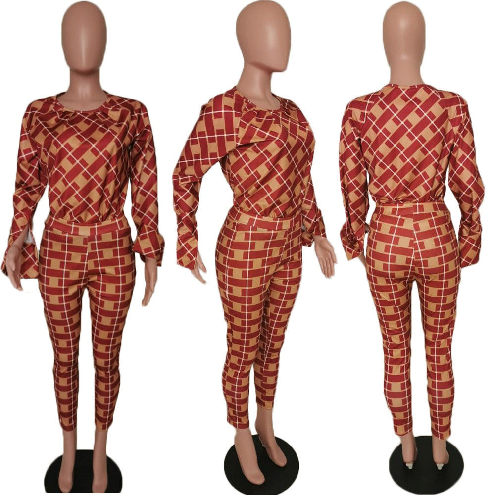 Lauren Plaid Pant and Top Set women's autumn new fashion long-sleeved loose blouse two-piece-two piece pant and top set-Free Item Online