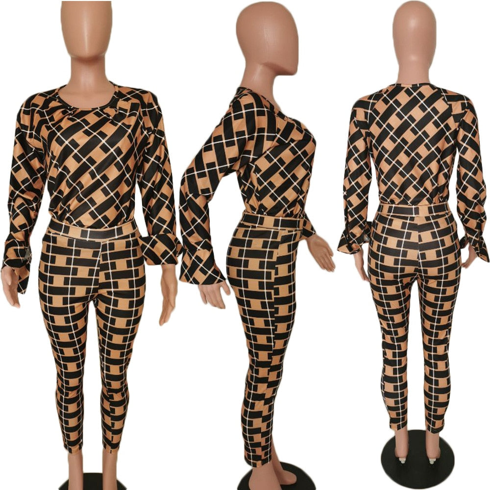 Lauren Plaid Pant and Top Set women's autumn new fashion long-sleeved loose blouse two-piece-two piece pant and top set-Free Item Online