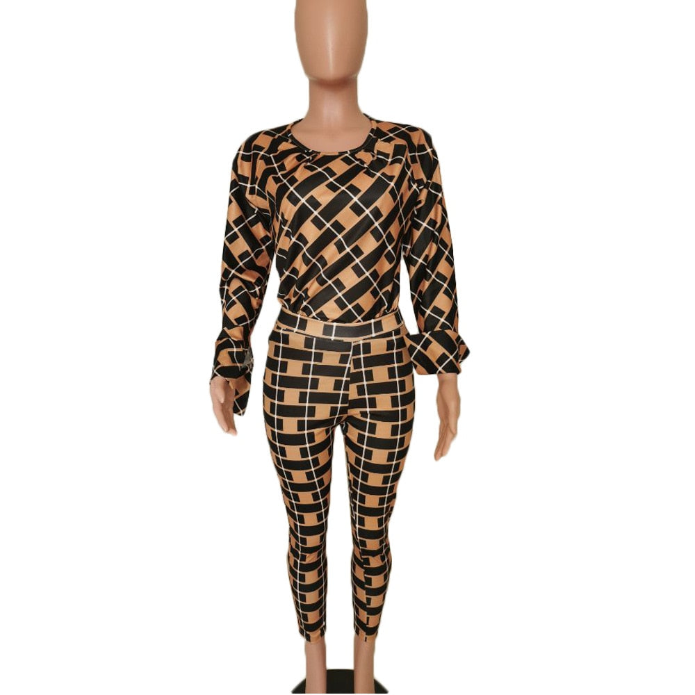 Lauren Plaid Pant and Top Set women's autumn new fashion long-sleeved loose blouse two-piece-two piece pant and top set-Free Item Online