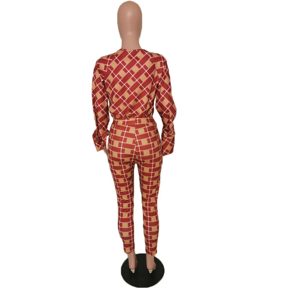 Lauren Plaid Pant and Top Set women's autumn new fashion long-sleeved loose blouse two-piece-two piece pant and top set-Free Item Online