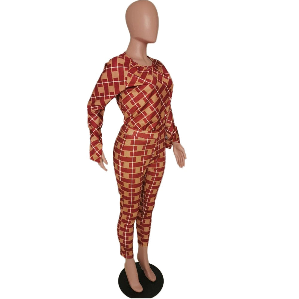 Lauren Plaid Pant and Top Set women's autumn new fashion long-sleeved loose blouse two-piece-two piece pant and top set-Free Item Online