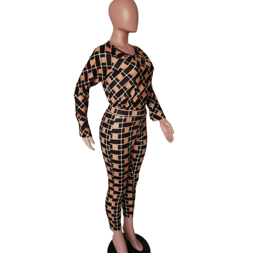 Lauren Plaid Pant and Top Set women's autumn new fashion long-sleeved loose blouse two-piece-two piece pant and top set-Free Item Online