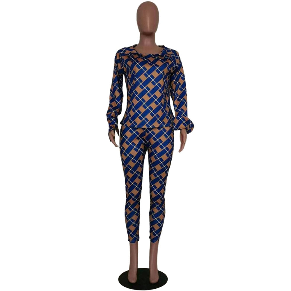 Lauren Plaid Pant and Top Set women's autumn new fashion long-sleeved loose blouse two-piece-two piece pant and top set-Free Item Online