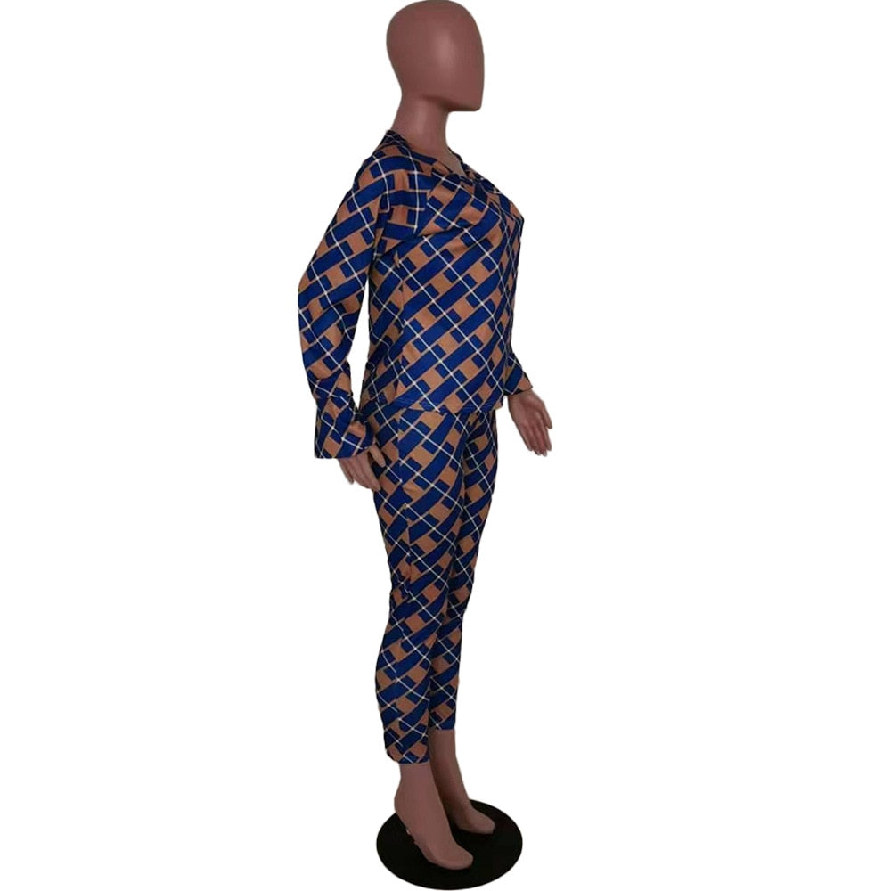 Lauren Plaid Pant and Top Set women's autumn new fashion long-sleeved loose blouse two-piece-two piece pant and top set-Free Item Online