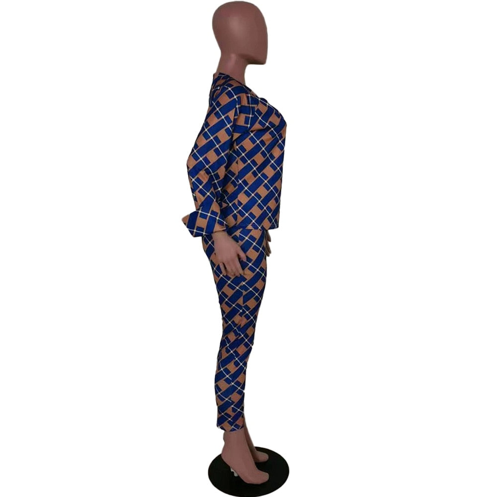 Lauren Plaid Pant and Top Set women's autumn new fashion long-sleeved loose blouse two-piece-two piece pant and top set-Free Item Online