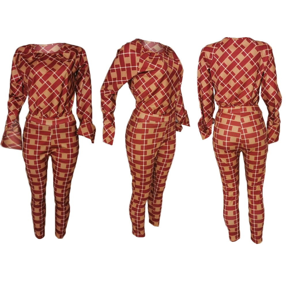 Lauren Plaid Pant and Top Set women's autumn new fashion long-sleeved loose blouse two-piece-two piece pant and top set-Free Item Online