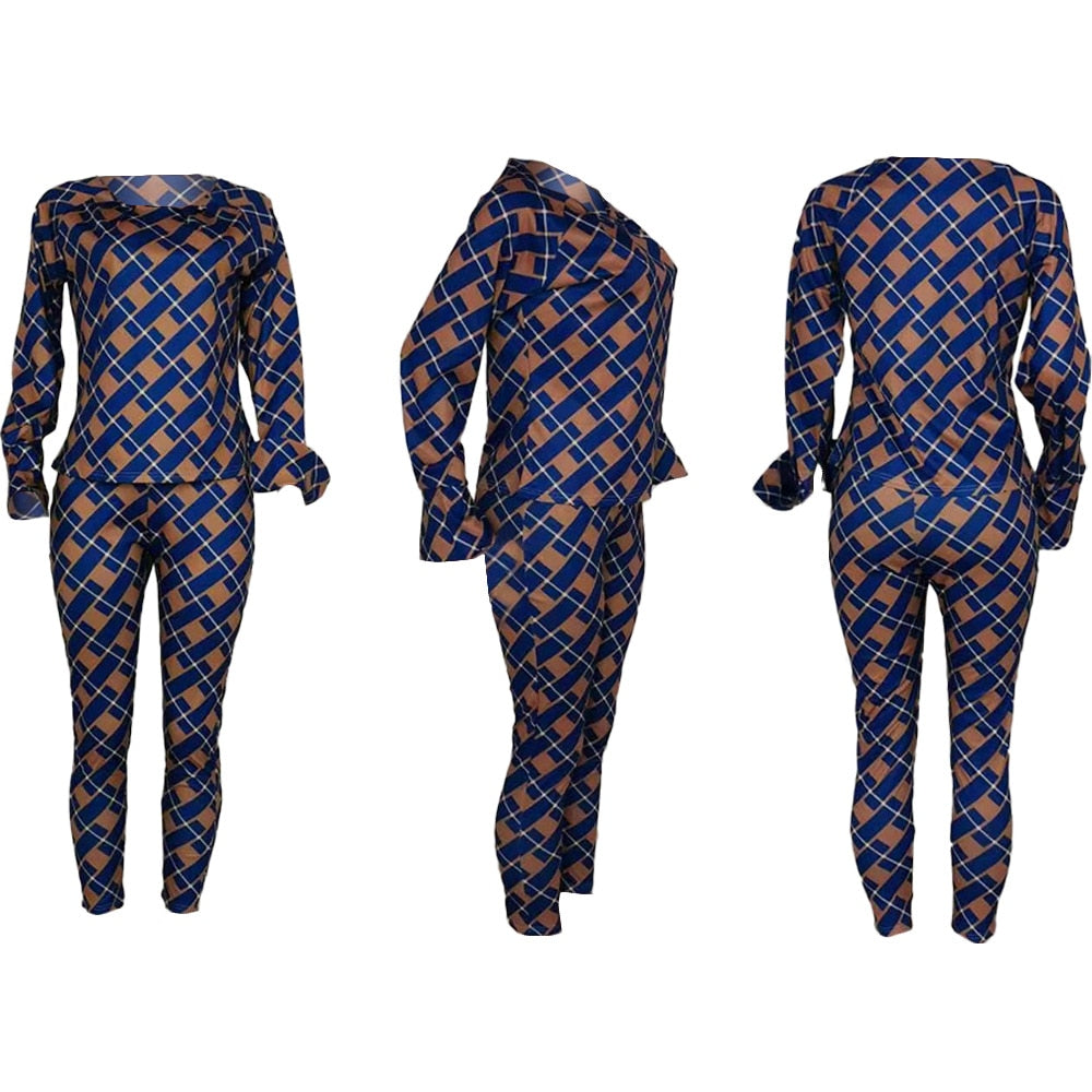 Lauren Plaid Pant and Top Set women's autumn new fashion long-sleeved loose blouse two-piece-two piece pant and top set-Free Item Online