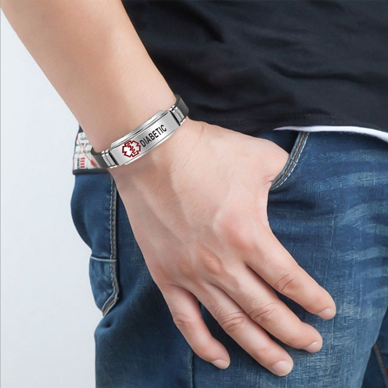 Engraved ID Bracelet Alert Stainless Steel Silicone Unisex Personalized Jewelry